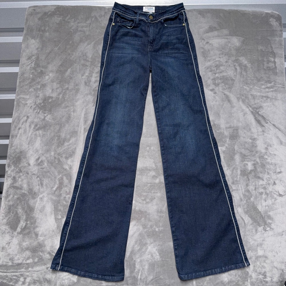 Frame Le High Flare Jeans Womens 26 Blue Shore Wide Leg Denim Contrast Piping